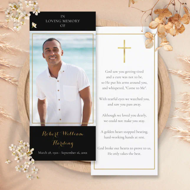 Photo Funeral Memorial Black And Gold Prayer Card | Zazzle