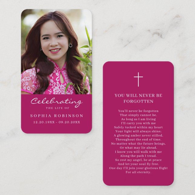 Photo Funeral Memorial Pink Prayer Card (Front/Back)