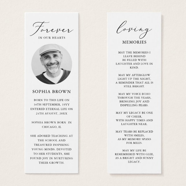 Photo Funeral Memorial Prayer Bookmark Card (Front & Back)
