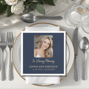 Photo Funeral Sympathy Memorial Gold Script Blue Napkins
