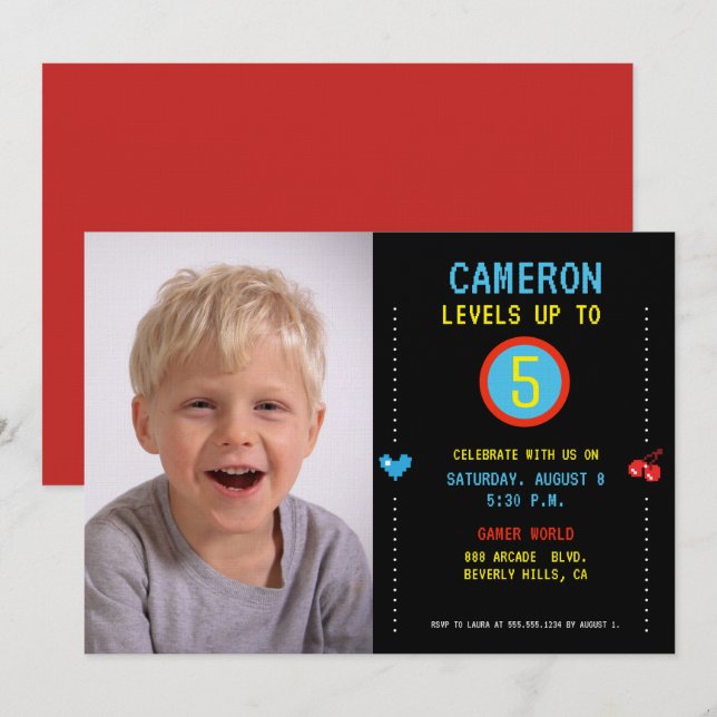 Photo Gamer Pixel Arcade level up 5th birthday Invitation (Front/Back)