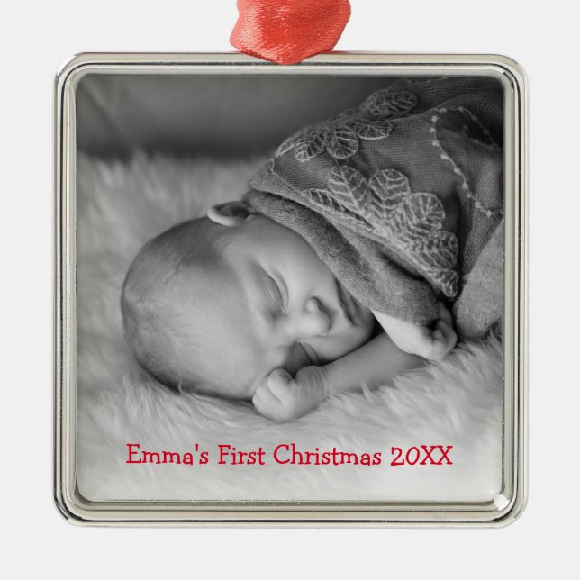 Photo Gender Neutral Red Babys First Christmas Metal Ornament (Front)