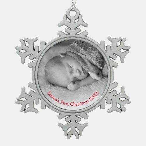 Photo Gender Neutral Red Babys First Christmas Snowflake Pewter Christmas Ornament