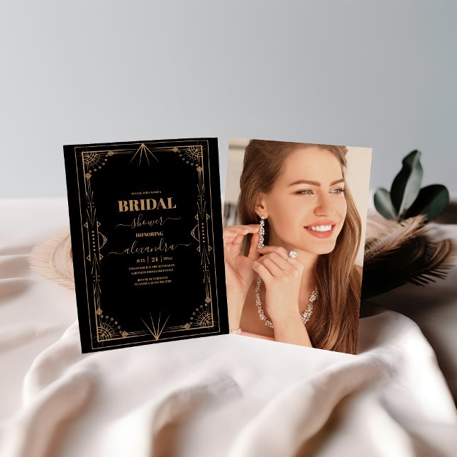 Photo Geometric Black Gold Gatsby Bridal Shower Invitation (Creator Uploaded)