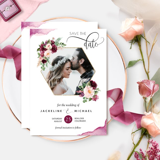 Photo, Geometrical Berry and Blush Floral Wedding Save The Date (Creator Uploaded)