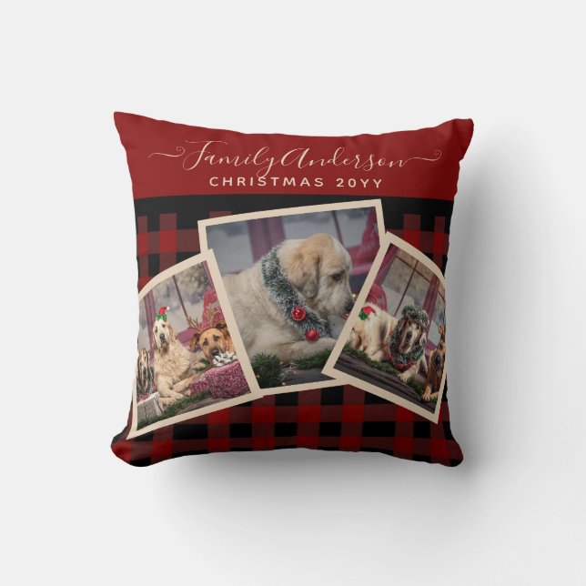 Photo Gift Christmas Buffalo Plaid FamilyTree Throw Pillow (Front)