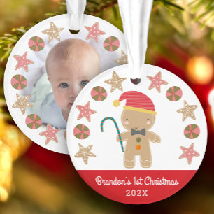 Photo Gingerbread Boy Baby First Christmas Red Ornament