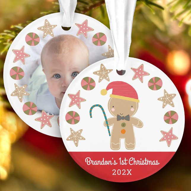 Photo Gingerbread Boy Baby First Christmas Red Ornament (Creator Uploaded)
