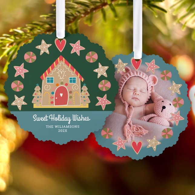 Photo Gingerbread Sweet Holiday Wishes Green Blue Ornament Card (Creator Uploaded)
