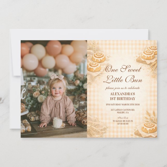 Photo Gingham Cinnamon Roll Little Bun 1st Birthda Invitation (Front)