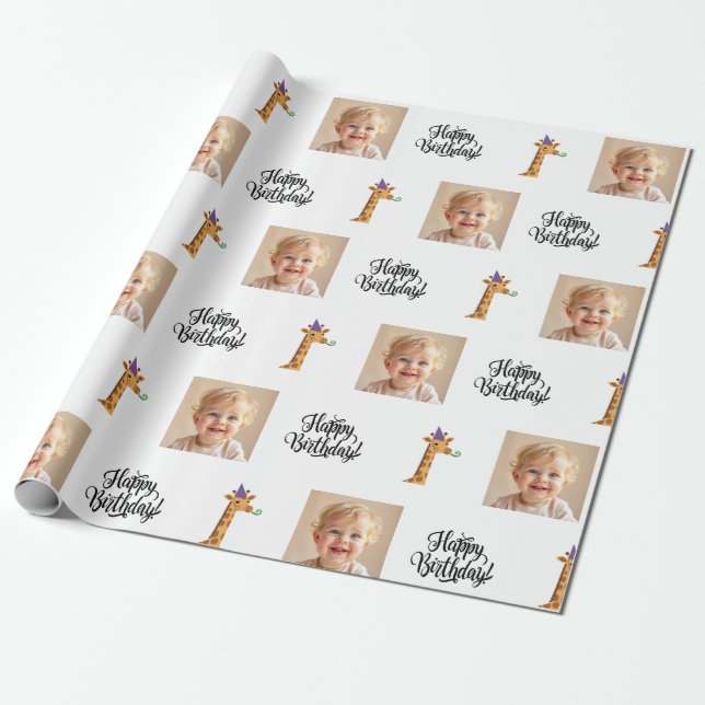 Photo Giraffe Birthday Wrapping Paper (Unrolled)