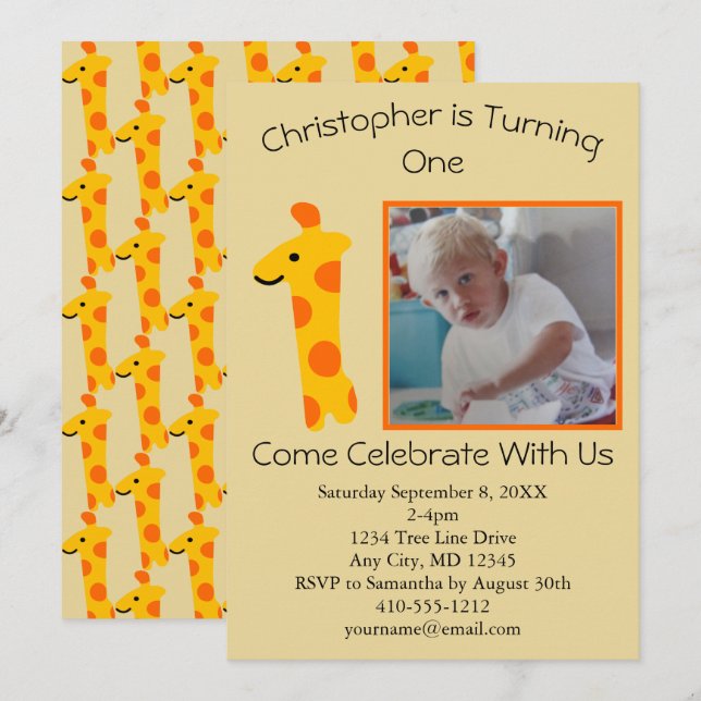 Photo Giraffe Orange and Yellow 1st Birthday  Invitation (Front/Back)