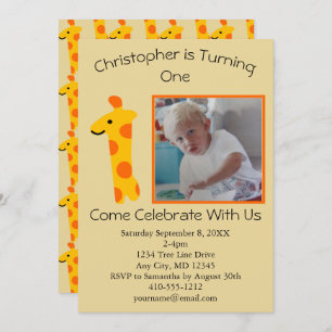 Photo Giraffe Orange and Yellow 1st Birthday Invitation