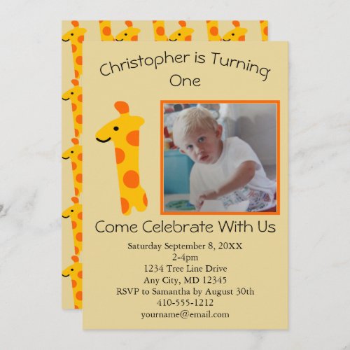 Photo Giraffe Orange and Yellow 1st Birthday  Invitation