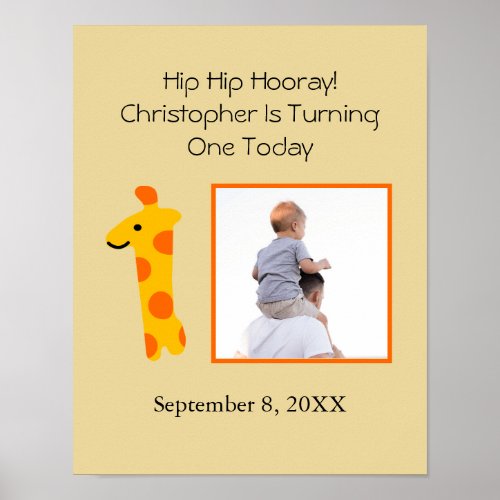 Photo Giraffe Orange and Yellow 1st Birthday  Poster