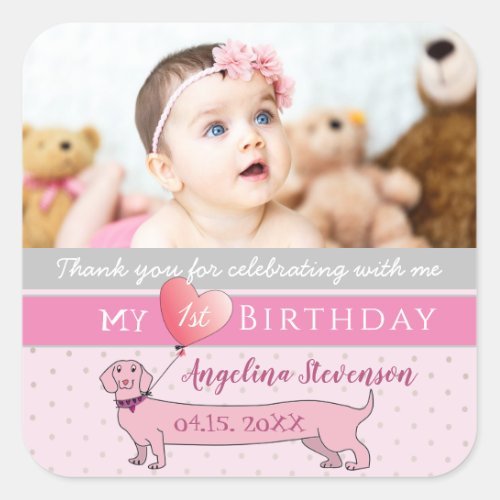 Photo Girl 1st Birthday Thank You Cute Pink Square Sticker
