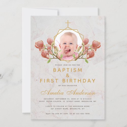 Photo Girl Baptism Pink Magnolia First Birthday Invitation