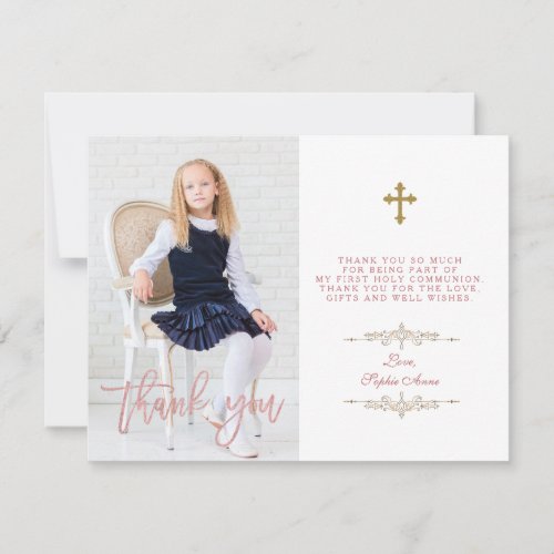 Photo Girl Cross First Holy Communion Rose Gold Thank You Card