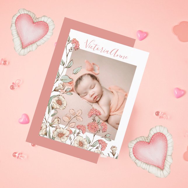 Photo Girl Floral Budget Birth Announcement  Postcard (Creator Uploaded)
