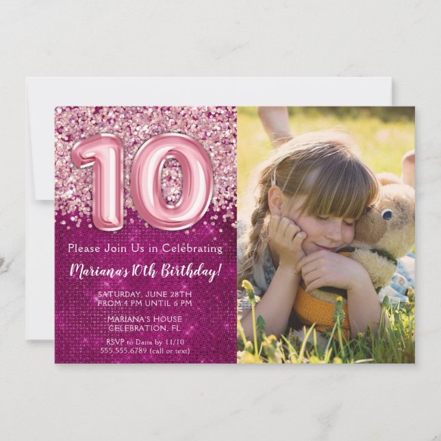 Photo Girl Magenta Pink Glitter 10th Birthday Invitation (Front)