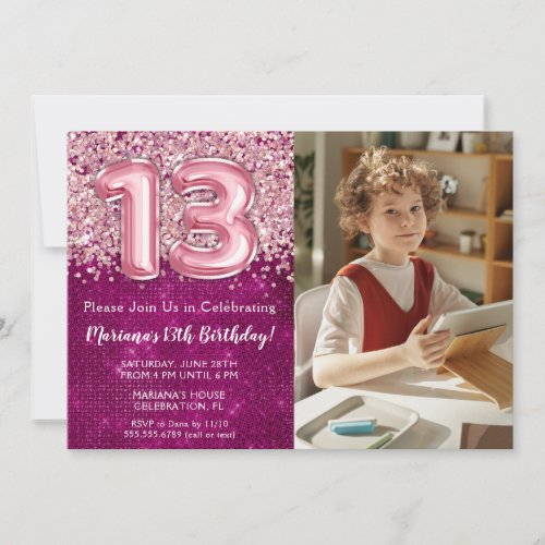 Photo Girl Magenta Pink Glitter 13th Birthday Invitation