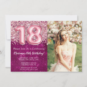 Photo Girl Magenta Pink Glitter 18th Birthday Invitation