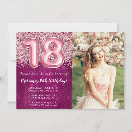 Photo Girl Magenta Pink Glitter 18th Birthday Invitation