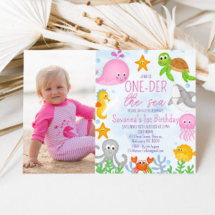 Photo Girl's One-der The Sea 1st Birthday Invitation