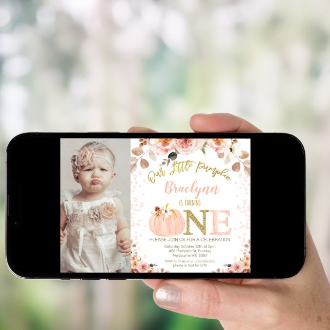 Photo Girls Rustic Fall Pumpkin 1st Birthday Invitation (Front Digital)