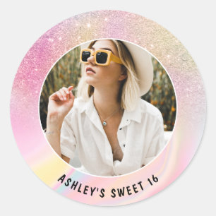 Photo girly chic pink glitter marble Sweet 16 Classic Round Sticker