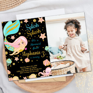 Photo Glitter Black Mermaid Birthday Invitations