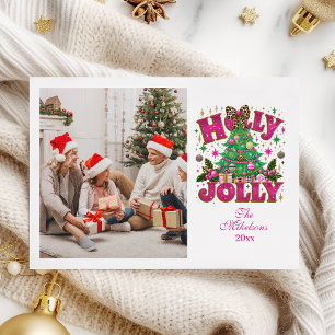 Photo Glitter Leopard Bow Holly Jolly Holiday Card
