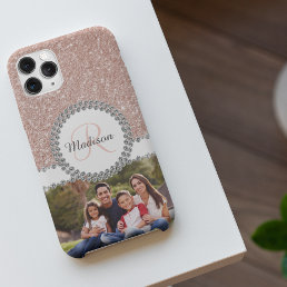 Photo Glitter Rose Gold Diamond Monogram iPhone 12 Case