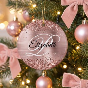 Photo Glittery Rose Gold Foil Fancy Monogram Ceramic Ornament