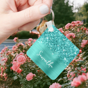 Photo Glittery Teal Turquoise Glam Script Name Keychain