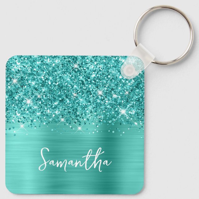 Photo Glittery Teal Turquoise Glam Script Name Keychain (Back)