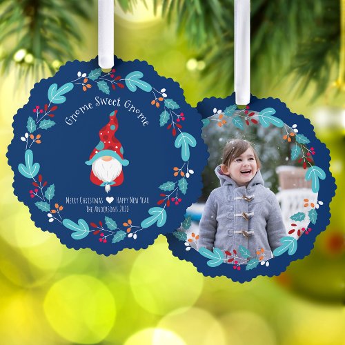 Photo Gnome Sweet Gnome Elf Floral Wreath Blue Ornament Card