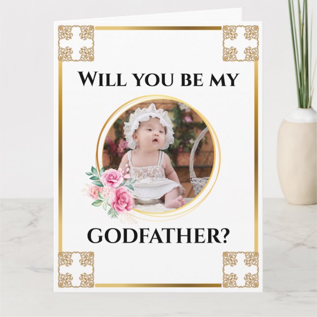 Photo godfather gold cross floral bouquet chic card (Front)