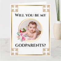 Photo godparents gold cross floral bouquet chic