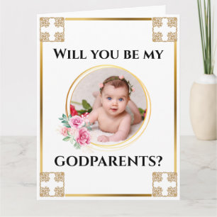 Photo godparents gold cross floral bouquet chic card
