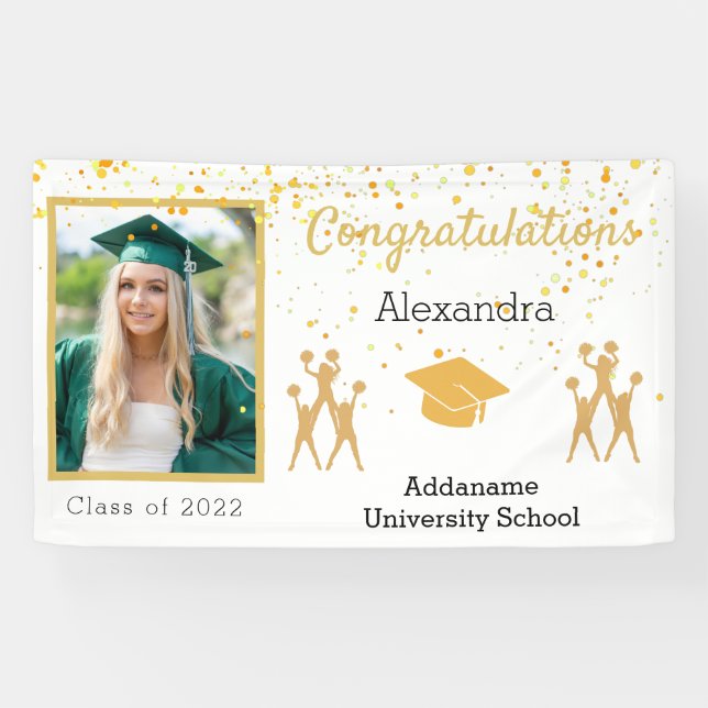 Photo Gold and white Cheerleading  Graduation Banner (Horizontal)