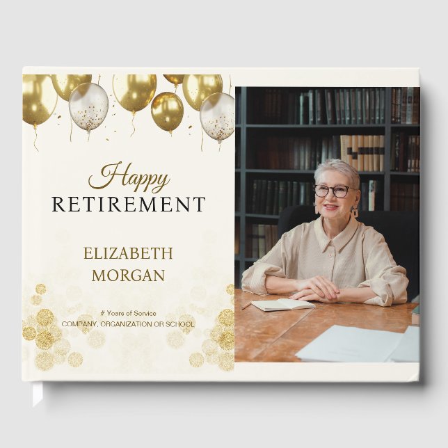 Photo Gold Balloon Happy Retirement Guest Book (Front)