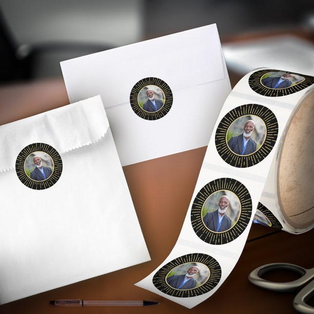  Photo Gold Black Modern Elegant Classic Round Sticker (Photo Gold Black Modern Elegant Classic Round Sticker is great to use for various events. )