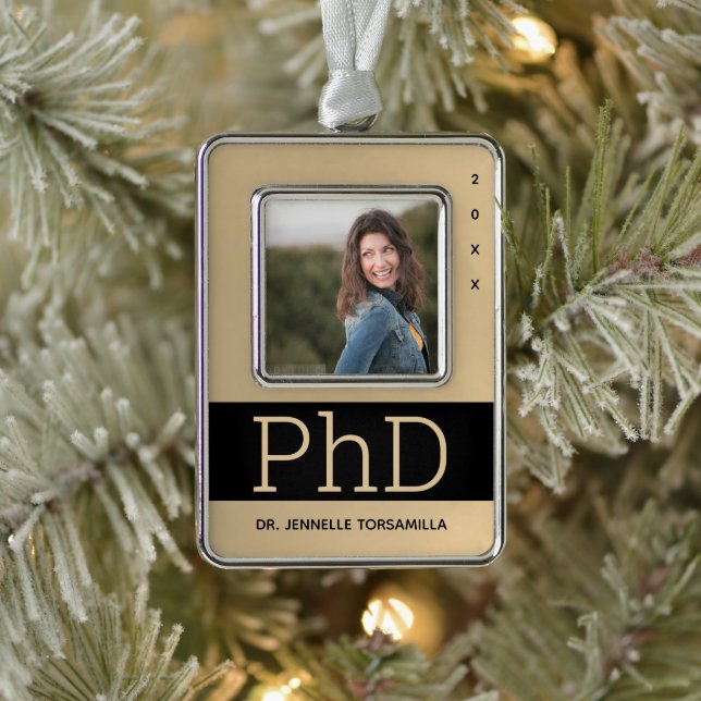 Photo Gold Black Name PhD Graduation Christmas Ornament (Tree)