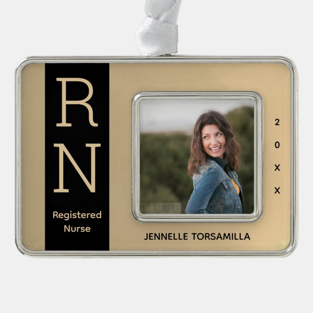 Photo Gold Black RN Nurse Christmas Ornament (Front)