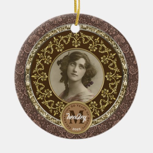 Photo Gold Classic Damask Commemorative Chocolate Ceramic Ornament