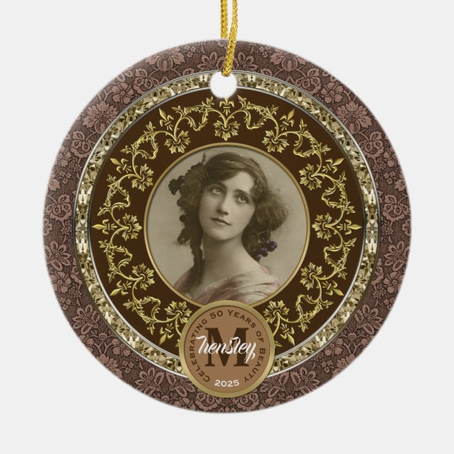 Photo Gold Classic Damask Commemorative Chocolate Ceramic Ornament (Front)