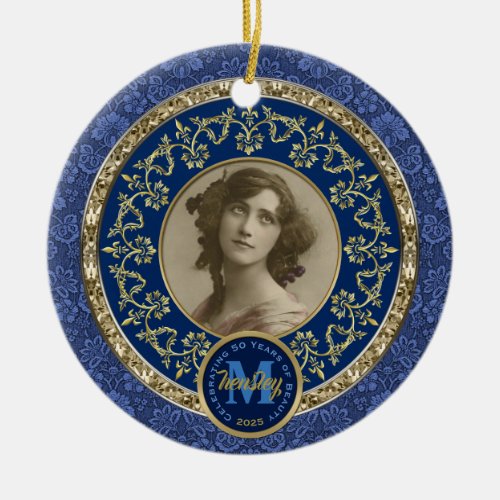 Photo Gold Classic Damask Commemorative Dark Blue Ceramic Ornament