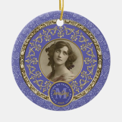 Photo Gold Classic Damask Commemorative Lavender Ceramic Ornament