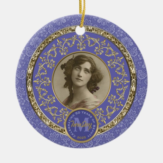 Photo Gold Classic Damask Commemorative Lavender Ceramic Ornament (Front)
